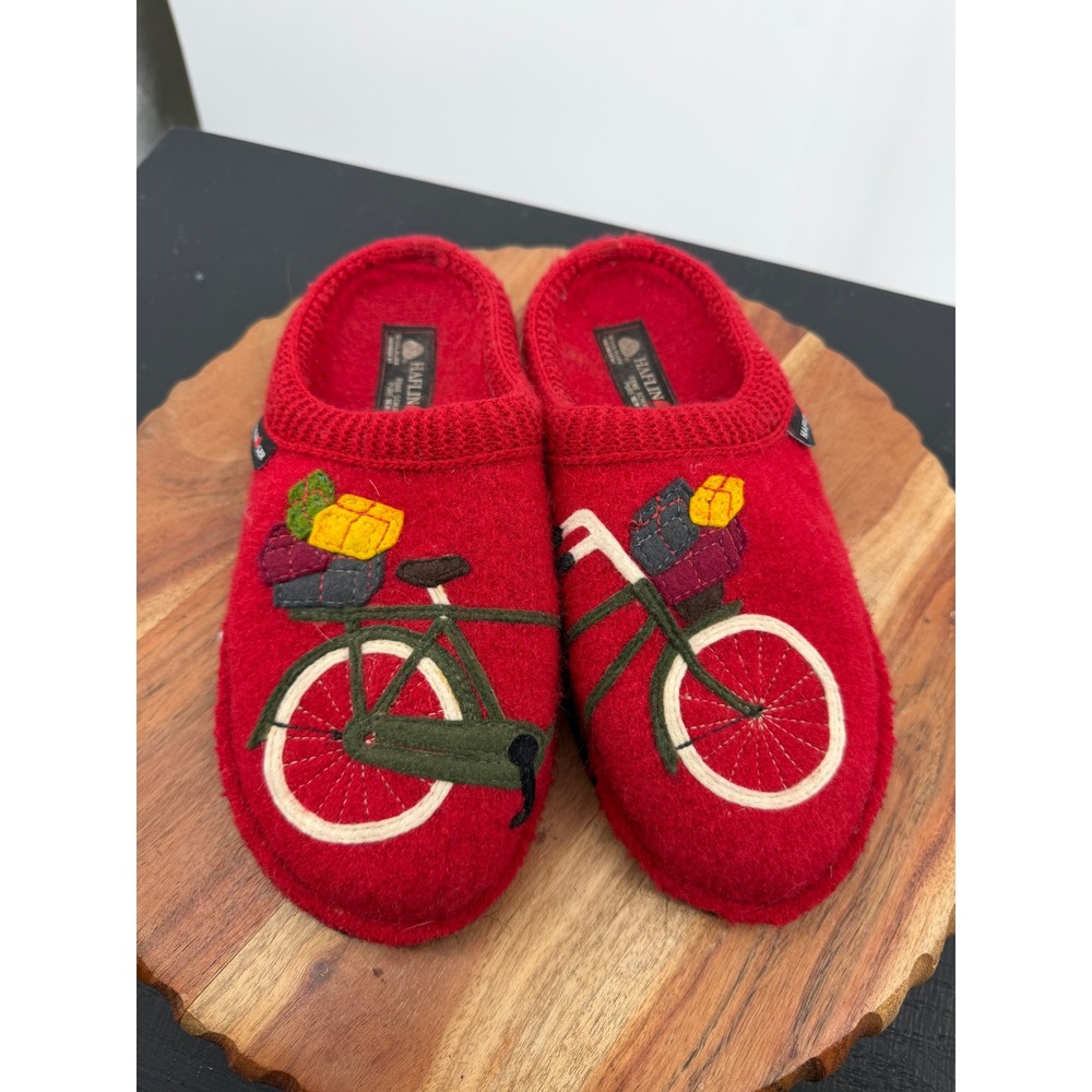 Haflinger Bicycle Boiled Wool Slippers Women 37 6-6.5 Red Embroidered Clogs